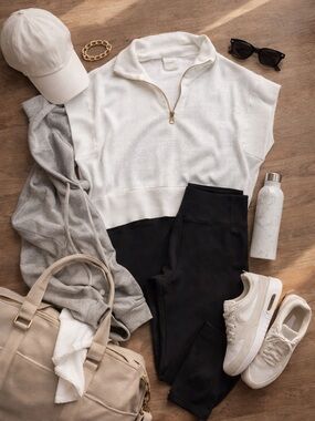 Varley White Perforated Muscle Tee with Gold Zip